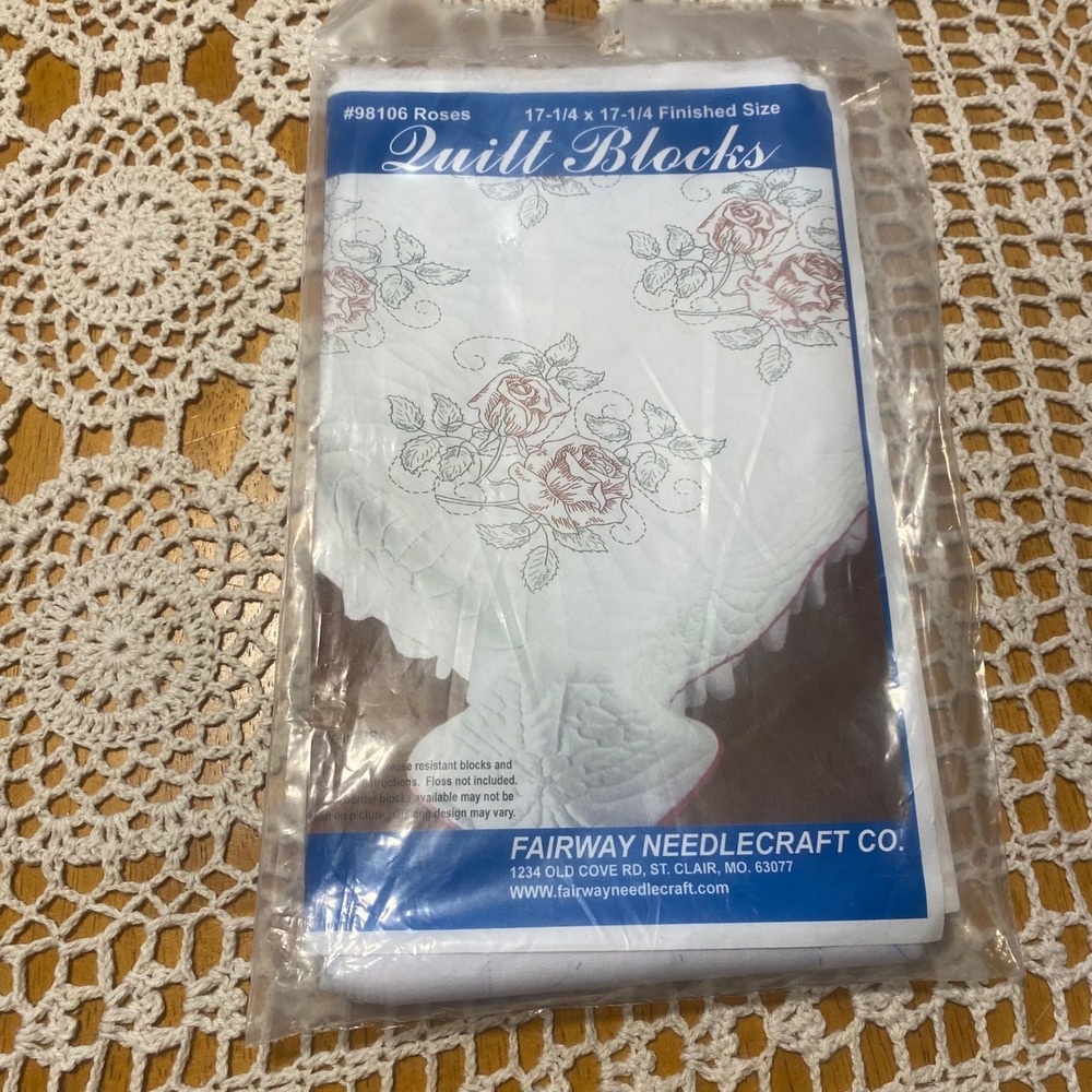 Fairway Needlecraft Quilt Blocks White New Roses Embroidery Kit New